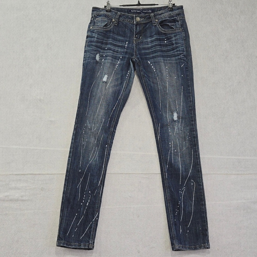 Almost Famous Premium Womens Size 9 Skinny Jeans Blue Paint Splatter Distressed